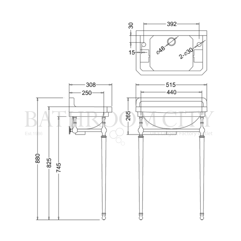 Edwardian Cloakroom Basin 51cm 2TH with chrome basin stand Specification Diagram