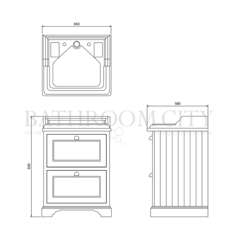 Freestanding 65 Vanity Unit with 2 drawers Specification Diagram