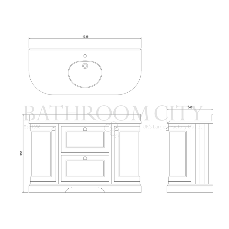 Freestanding 134 Curved Vanity Unit with drawers Specification Drawing