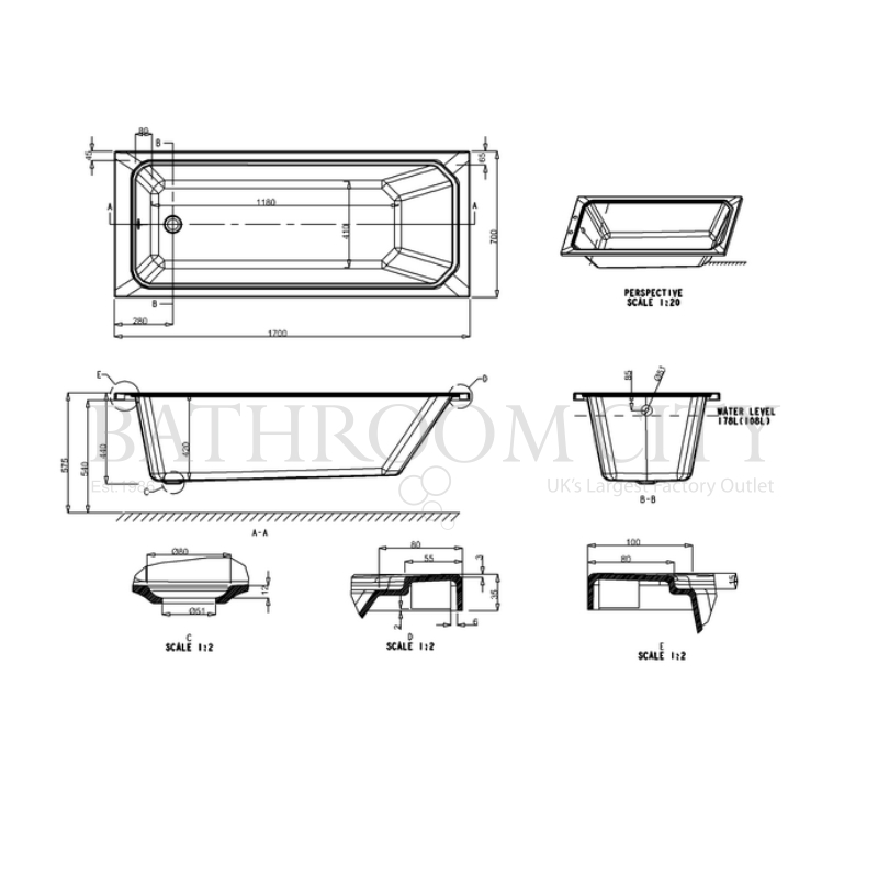 Arundel Cleargreen single ended traditional bath Specification Diagram