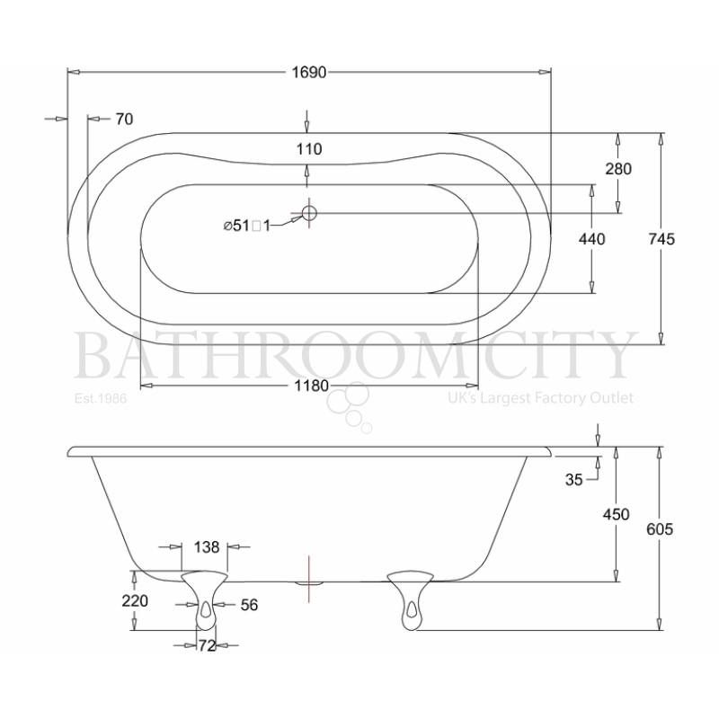 Classic Freestanding double ended Bath Specification Diagram