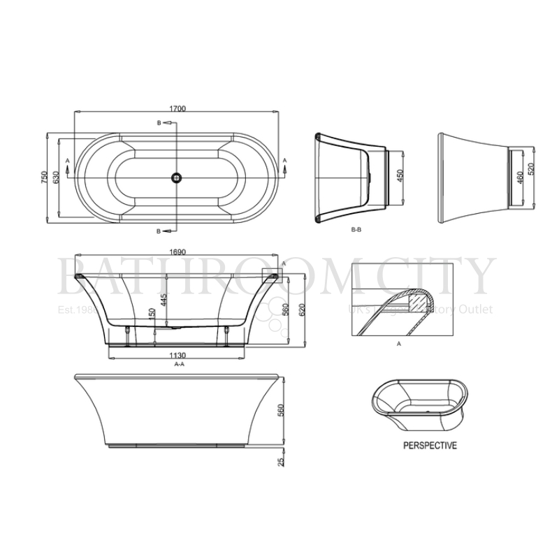 Brindley Soaking Tub  (170cm x 75cm) Specification Diagram