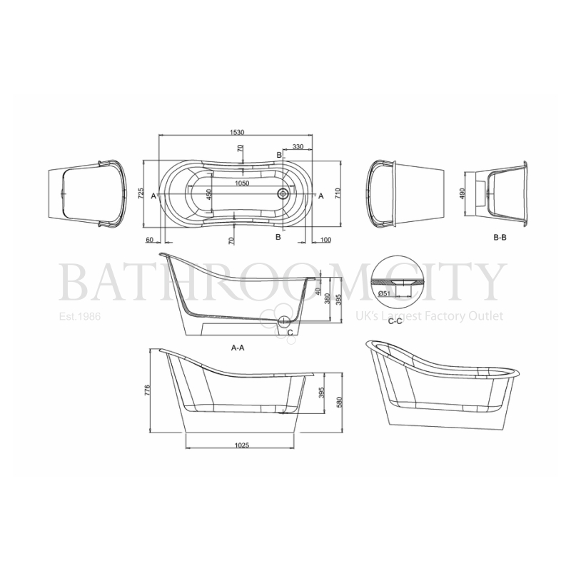 Emperor slipper bath Specification Diagram