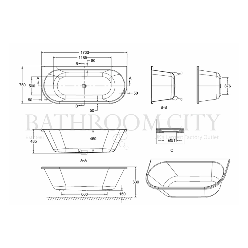 1700 Avantgarde back to wall bath Specification Diagram