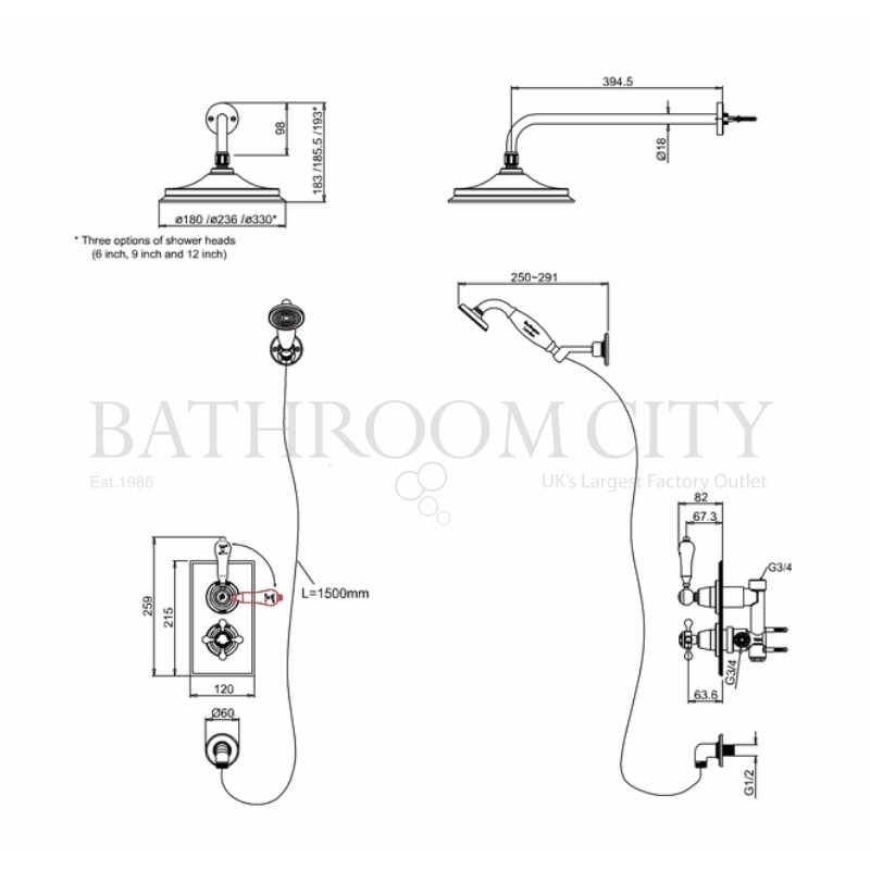 Trent Thermostatic Two Outlet Concealed Diverter Shower Valve , Fixed Shower Arm, Handset & Holder with Hose 6inch head Specification Diagram