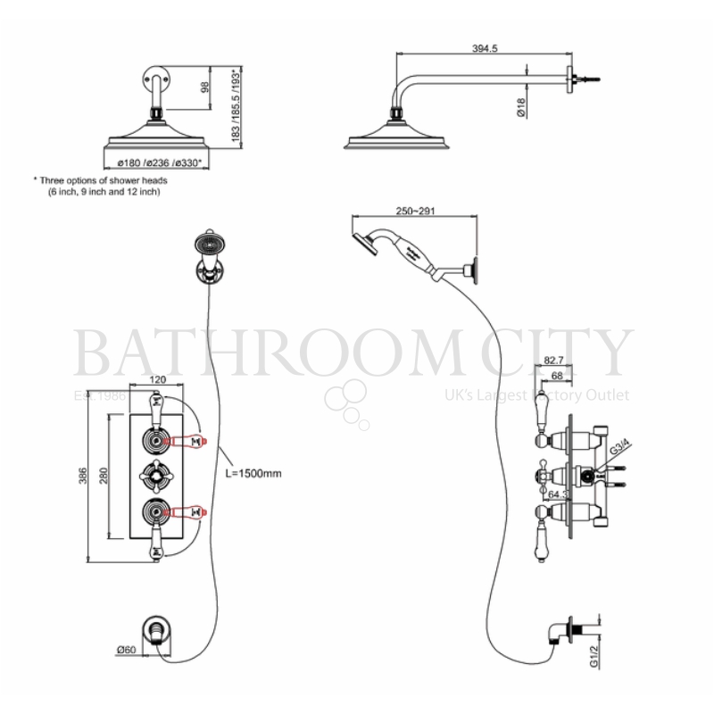 Trent Thermostatic Two Outlet Concealed Shower Valve , Fixed Shower Arm, Handset & Holder with Hose, 6 inch shower head Specification Drawing