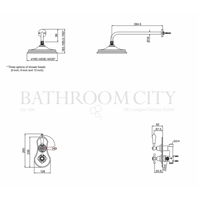 Severn Thermostatic Single Outlet Concealed Shower Valve with Fixed Shower Arm (6 inch Shower Head) Specification Diagram