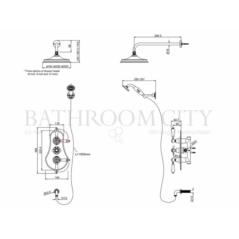 Severn Thermostatic Two Outlet Concealed Shower Valve , Fixed Shower Arm, Handset & Holder with Hose (6 inch shower head) Specification Diagram