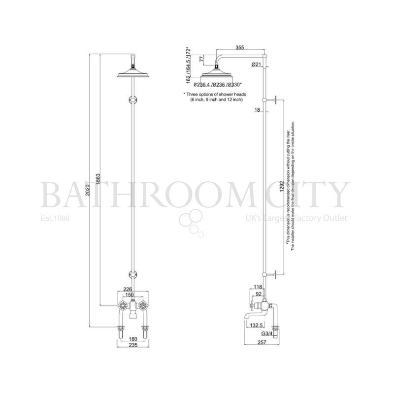 Tay Thermostatic Bath Shower Mixer Deck Mounted with Swivel Shower Arm (6 inch shower head) Specification Drawing