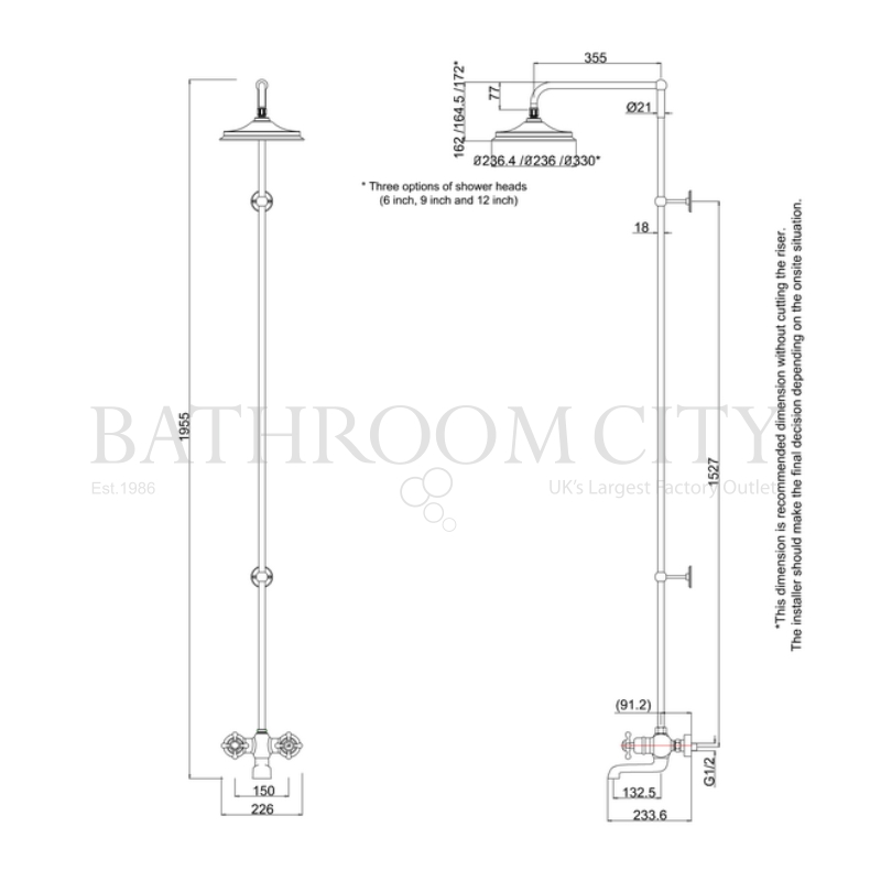 Tay Thermostatic Bath Shower Mixer Wall Mounted with Swivel Shower Arm (6 inch shower) Specification Diagram