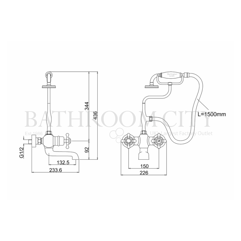 Tay Thermostatic Bath Shower Mixer Wall Mounted Specification Diagram