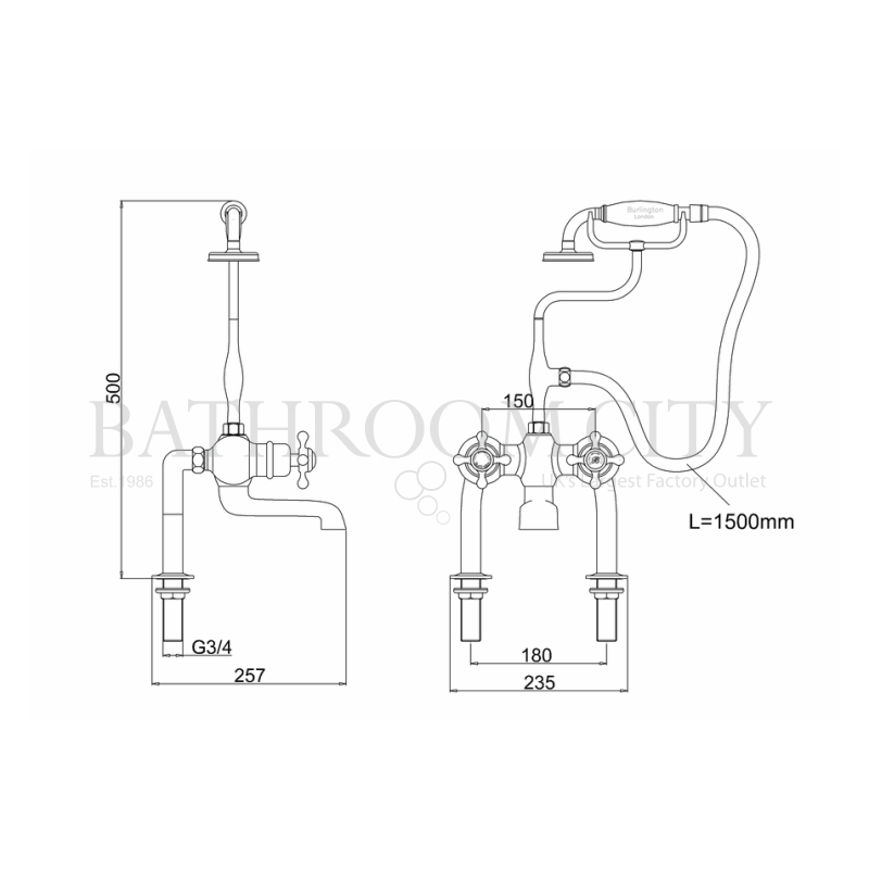 Tay Thermostatic Bath Shower Mixer Deck Mounted Specification Diagram