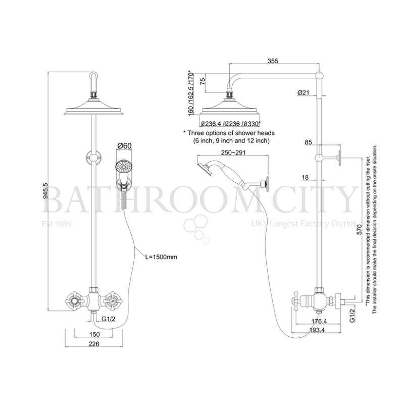 Eden Thermostatic Exposed Shower Bar Valve Two Outlet, Swivel Shower Arm, Handset & Holder with Hose (6 inch shower head) Specification Diagram