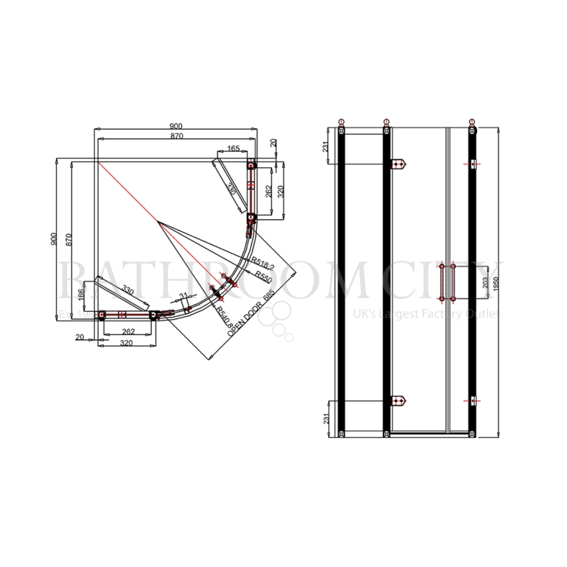 Burlington 900 Quadrant Shower Enclosure Specification Diagram