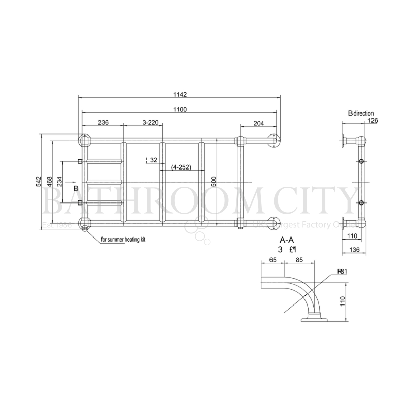 Chaplin - Chrome Towel Rail Bathroom Radiator Specification Diagram