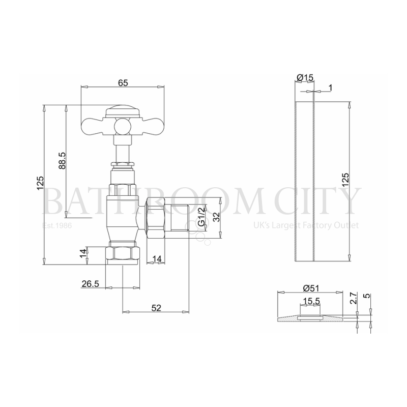 Burlington Angled Radiator Valve - Chrome Specification Diagram