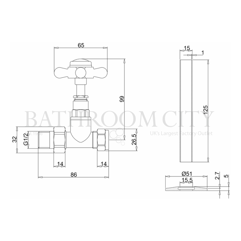 Burlington Straight  Radiator Valve - Chrome Specification Diagram