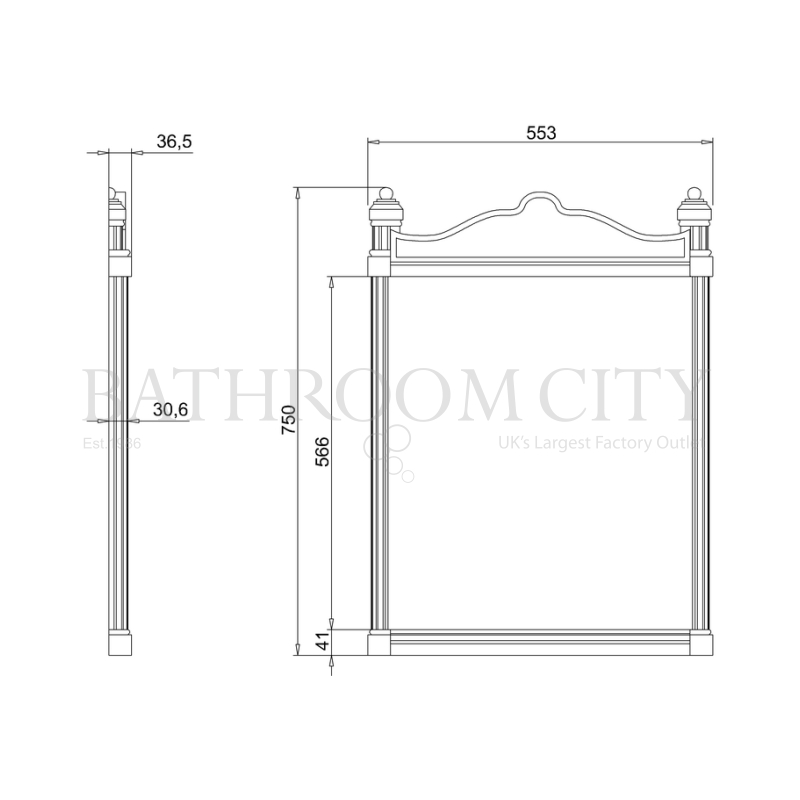 Black Aluminium Mirror 55cm x 75cm Specification Drawing