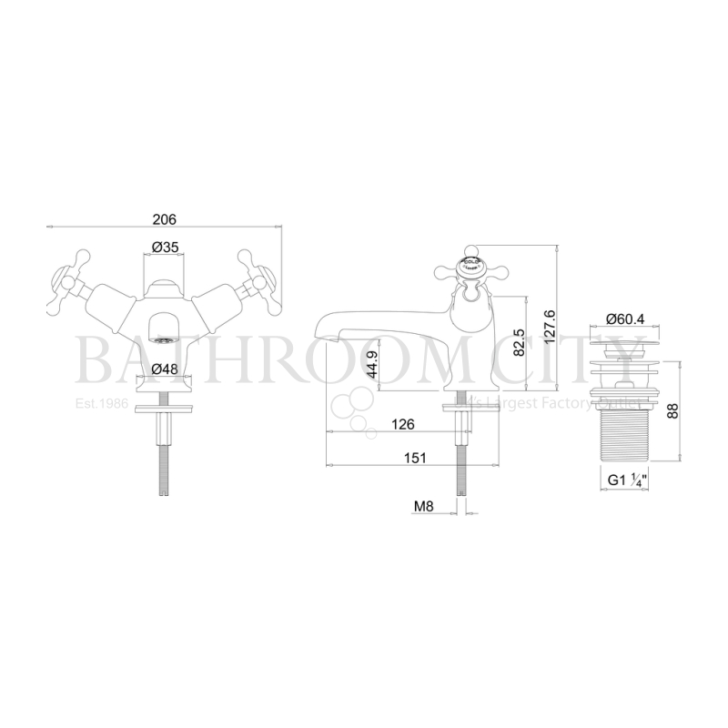 Claremont Basin Mixer with high central indice with click clack waste Specification Diagram