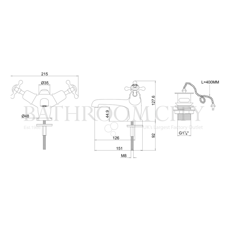 Line drawing of Claremont Basin Mixer with high central indice with plug and chain waste