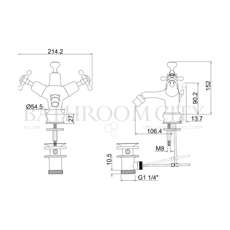 Claremont Bidet Mixer with high central indice with pop up waste Specification Diagram