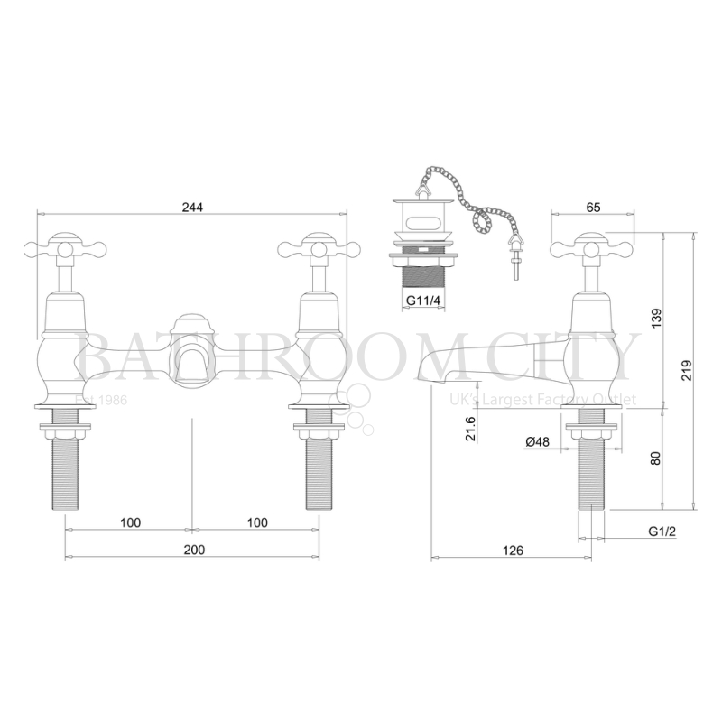 Line drawing of Claremont Two tap hole bridge mixer with swivelling spout with plug and chain waste