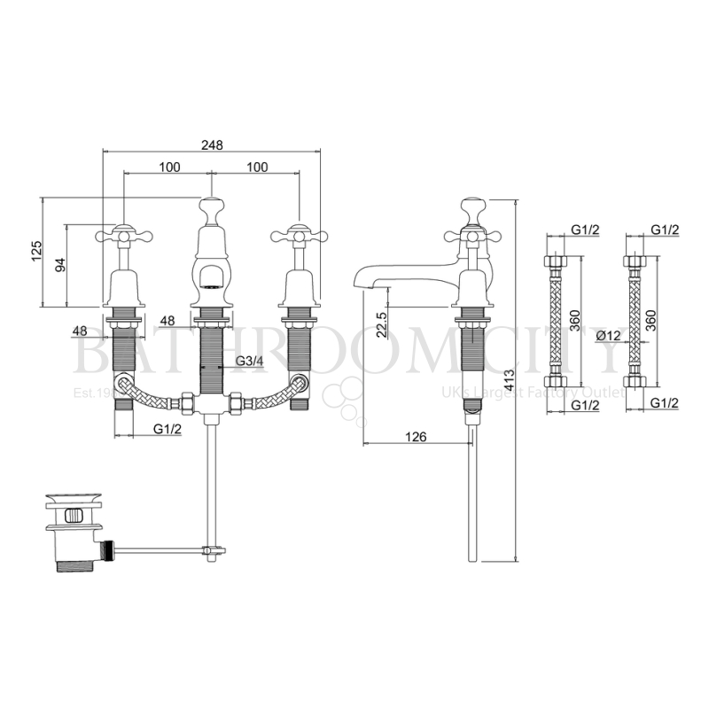 Claremont Three tap hole mixer with pop up waste Specification Diagram