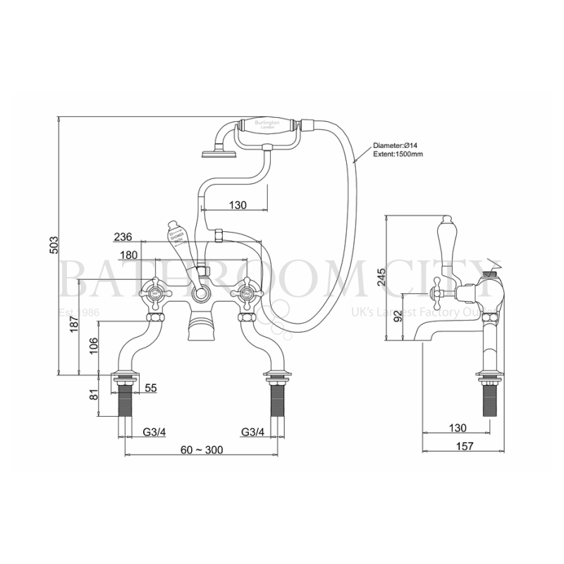 Claremont Bath shower mixer deck mounted with ''''''''S'''''''' adjuster Specification Diagram