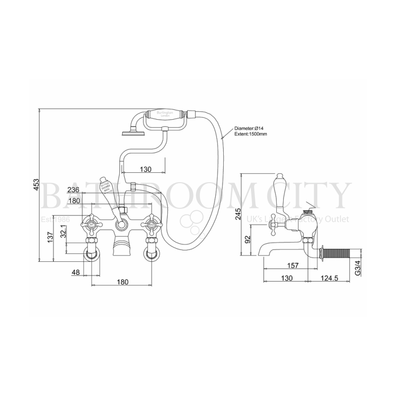 Claremont Bath shower mixer wall mounted with Specification Diagram