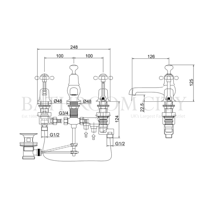 Claremont 3 Tap hole bath shower mixer with pop up waste Specification Diagram