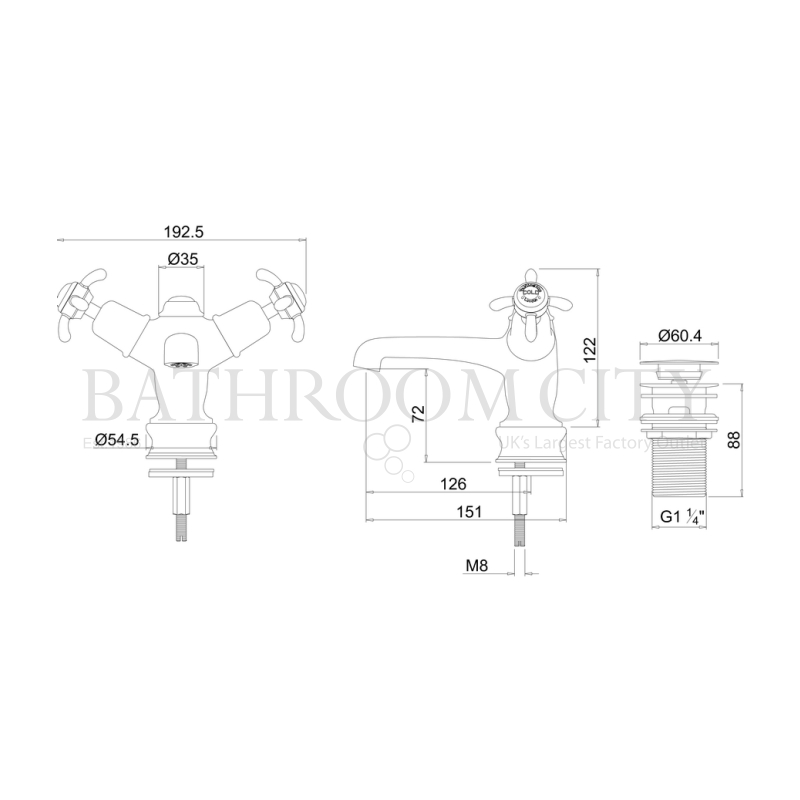 Anglesey Basin Mixer With High Central Indice With Click Clack Waste Specification Diagram