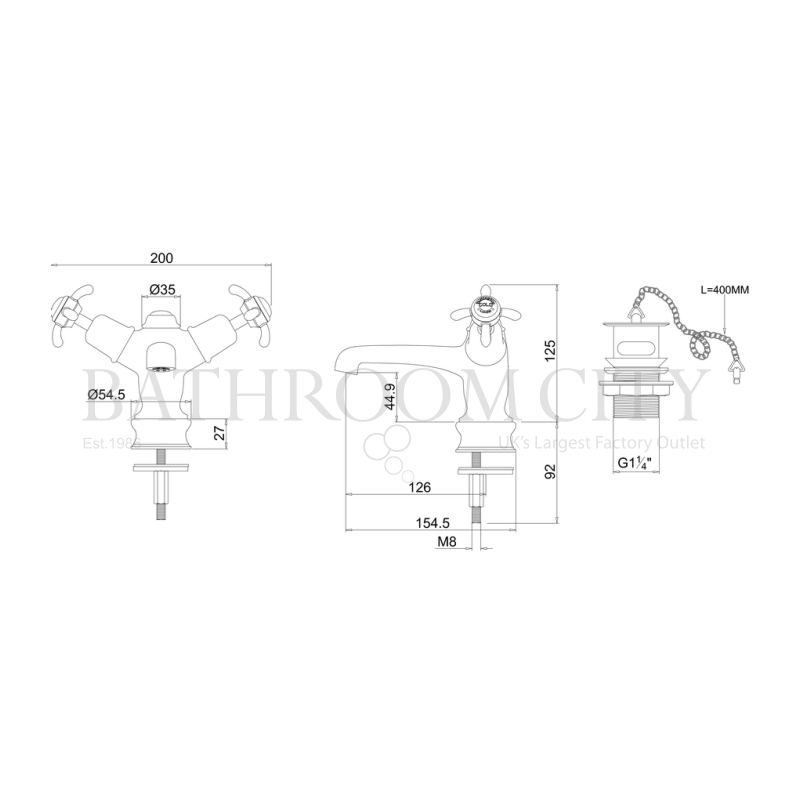 Anglesey Basin Mixer With High Central Indice With Plug and Chain Waste Specification Diagram