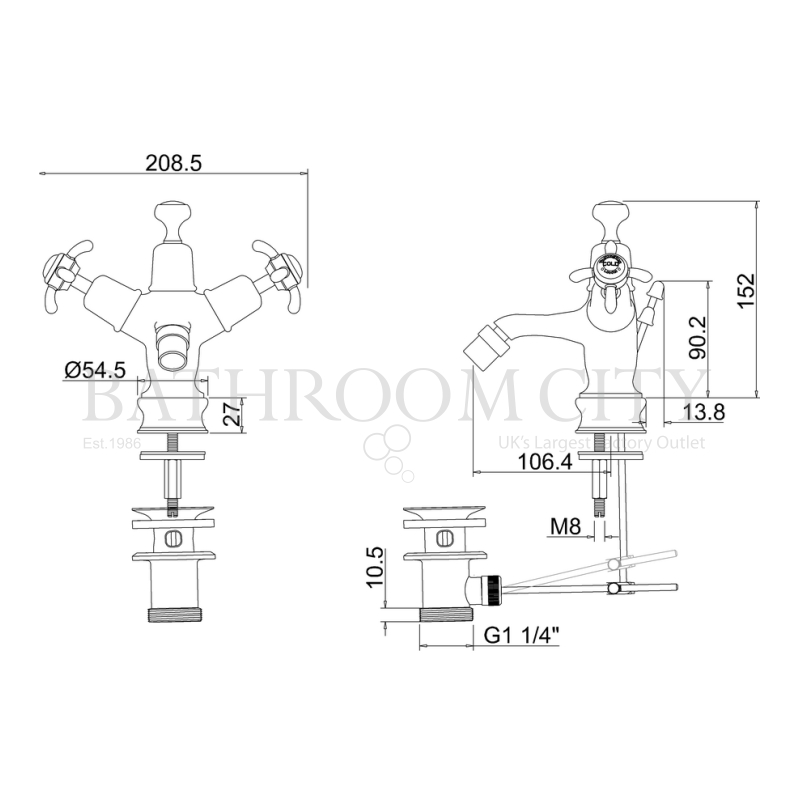 Anglesey Basin Mixer With High Central Indice With Pop Up Waste Specification Diagram