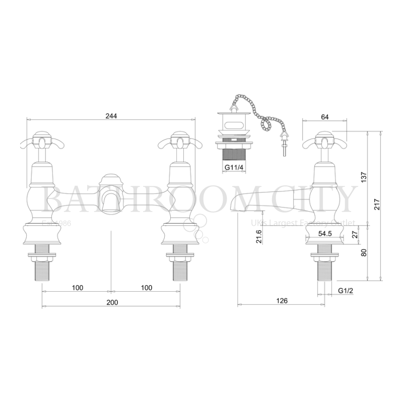 Anglesey Two Tap Hole Bridge Mixer With Swivelling Spout With Plug And Chain Waste Specification Diagram