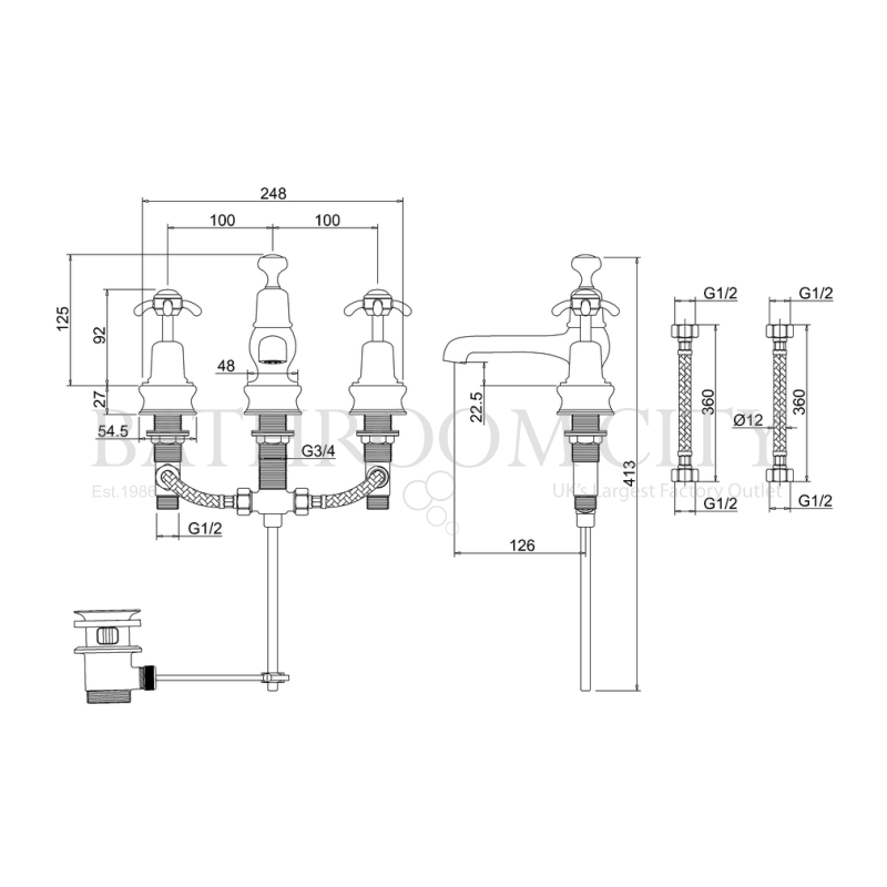 Anglesey Three Tap Hole Mixer With Pop Up Waste Specification Diagram