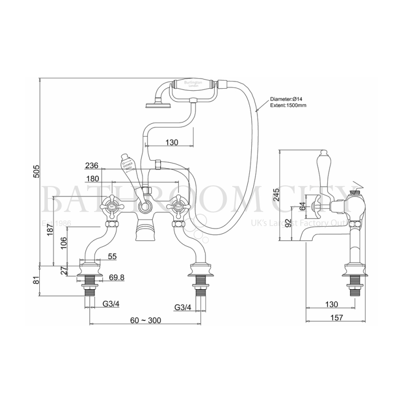 Anglesey Bath Shower Mixer Deck Mounted With ''''''''S'''''''' Adjuster Specification Diagram