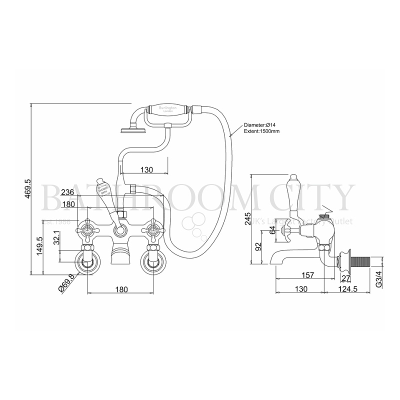 Anglesey Bath Shower Mixer Wall Mounted With Specification Diagram