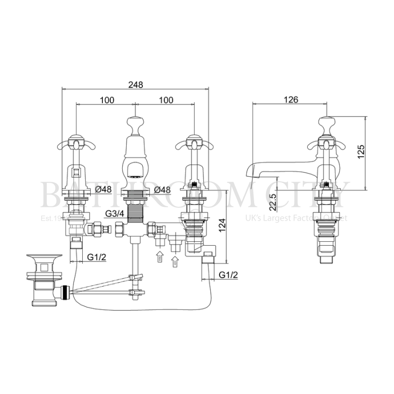 Anglesey 3 Tap Hole Bath Shower Mixer With Pop Up Waste Specification Diagram