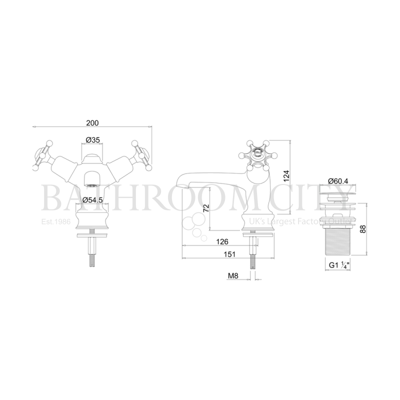 Birkenhead Basin Mixer With High Central Indice With Click Clack Waste Specification Diagram