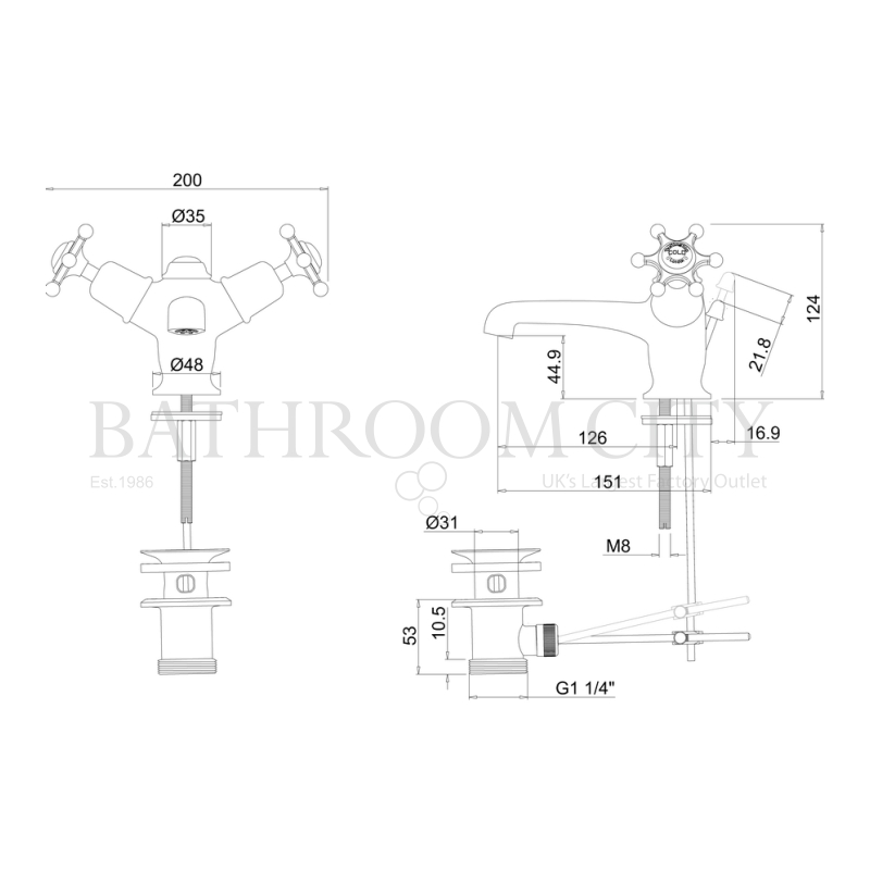 Birkenhead Basin Mixer With High Central Indice With Pop Up Waste Specification Diagram