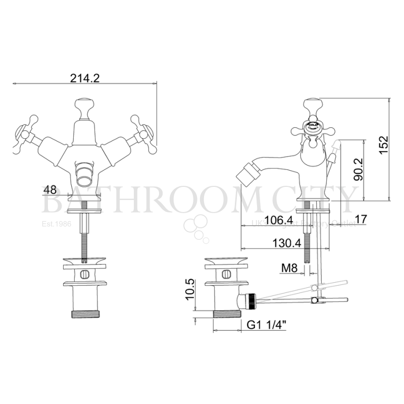 Birkenhead bidet Mixer With High Central Indice With Pop Up Waste Specification Diagram