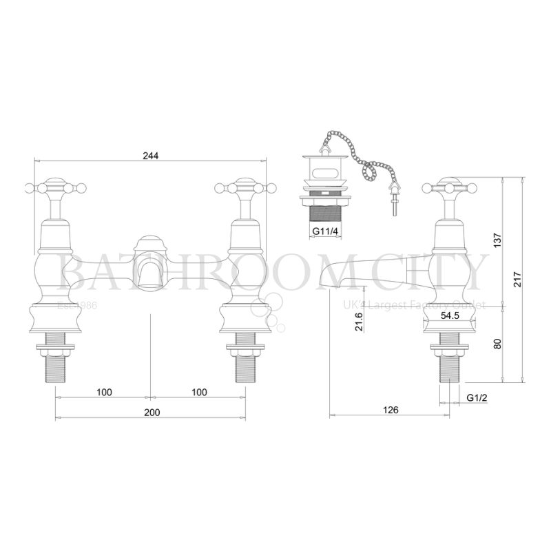 Birkenhead Two Tap Hole Bridge Mixer With Swivelling Spout With Plug And Chain Waste Specification Diagram