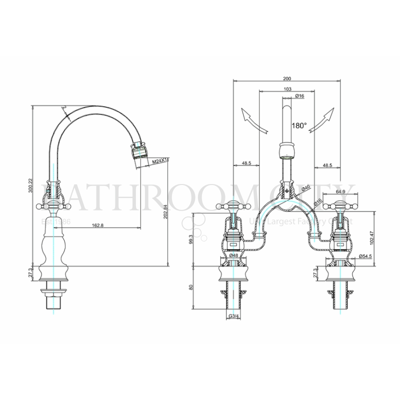 Birkenhead Two Tap Hole Arch Mixer With Curved Spout (200mm centres) Specification Diagram