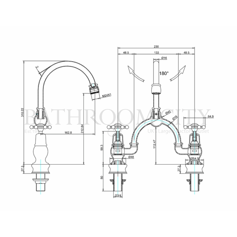 Birkenhead Two Tap Hole Arch Mixer Black Indice With Curved Spout (250mm centres) Specification Diagram