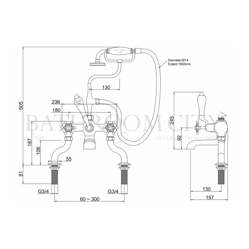 Birkenhead Bath Shower Mixer Deck Mounted With S Adjuster Specification Diagram