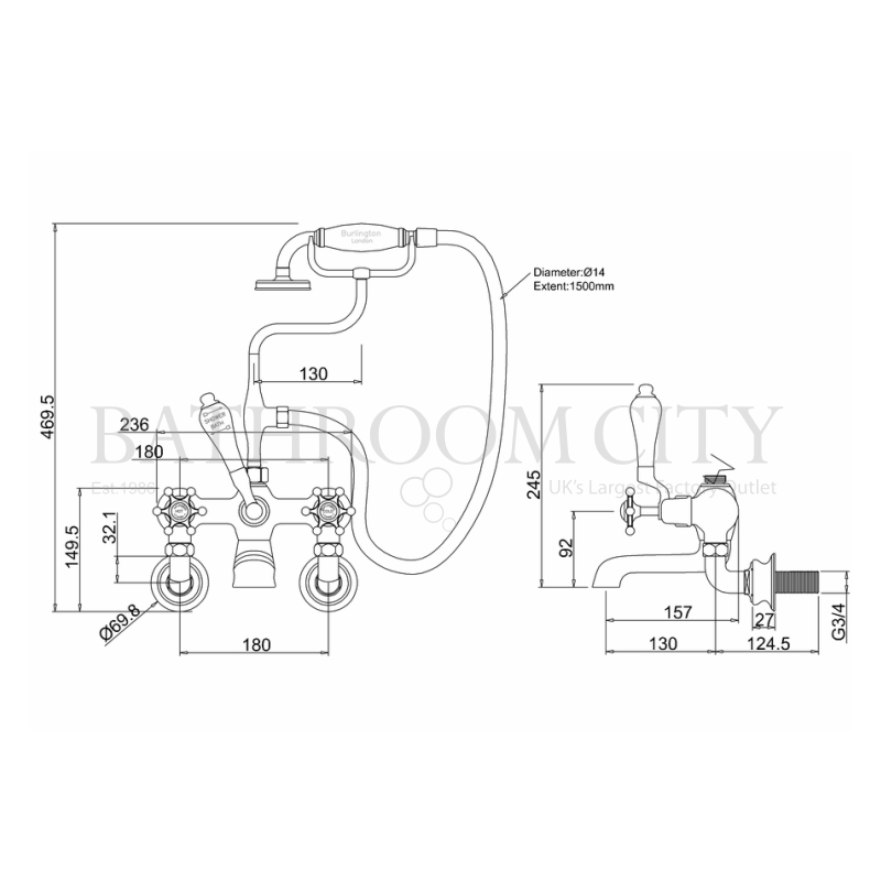 Birkenhead Bath Shower Mixer Wall Mounted With Specification Diagram