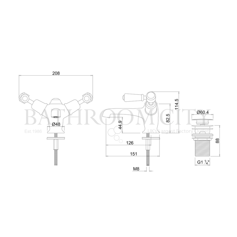 Kensington Basin Mixer with high central indice with click clack waste Specification Diagram