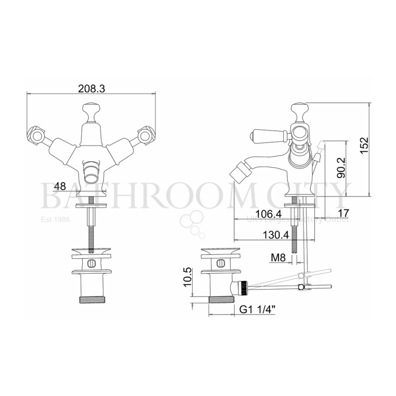 Kensington Bidet Mixer with high central indice with pop up waste Specification Diagram