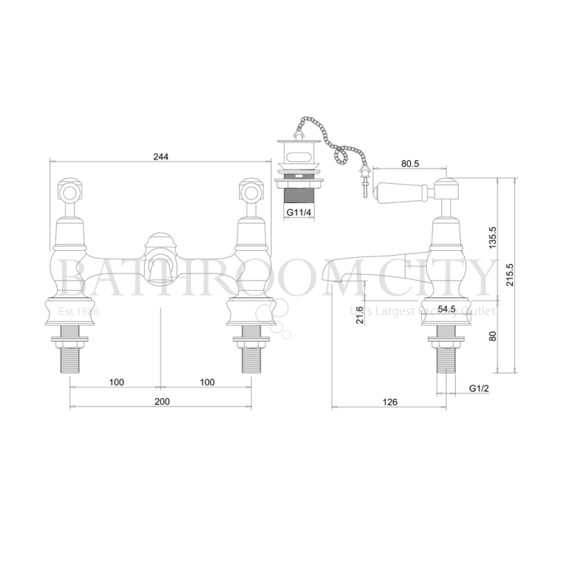 Kensington Two tap hole bridge mixer with swivelling spout with plug and chain waste Specification Diagram