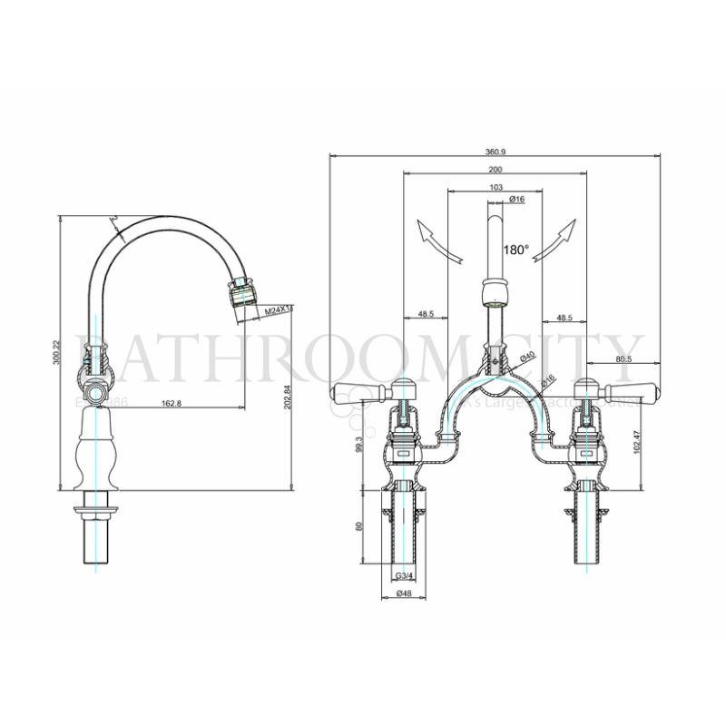 Kensington Two tap hole arch mixer with curved spout (200mm centres) Specification Diagram